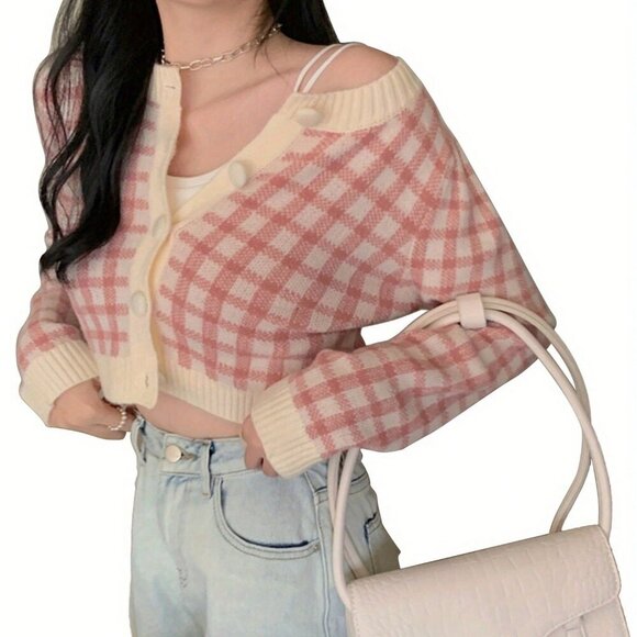 Pink Casual Women's Long Sleeve Button Down Plaid Slim Fit Cardigan - Picture 2 of 6